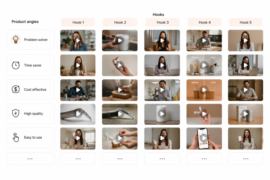 Angle and hook testing grid with sample ad thumbnails